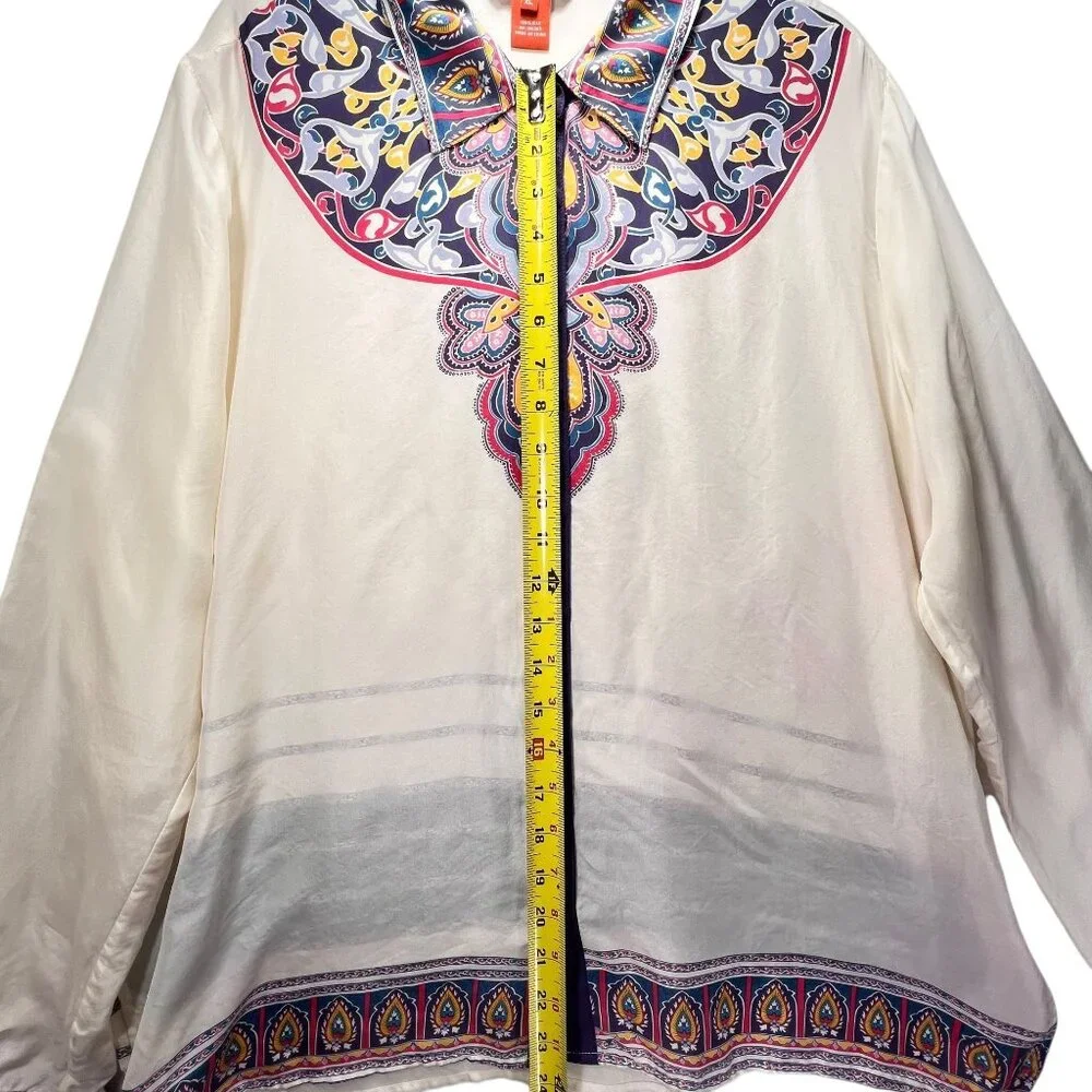 Sundance XL 100% Silk Button Up Blouse Ivory Whimsical Paisley Semi Sheer Collar - Picture 9 of 10